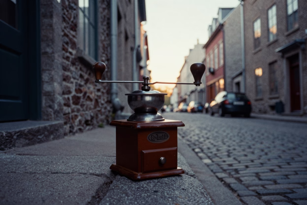 Vintage coffee grinder and street scene in old Quebec City before sunrise in in Quebec City, Quebec, Canada