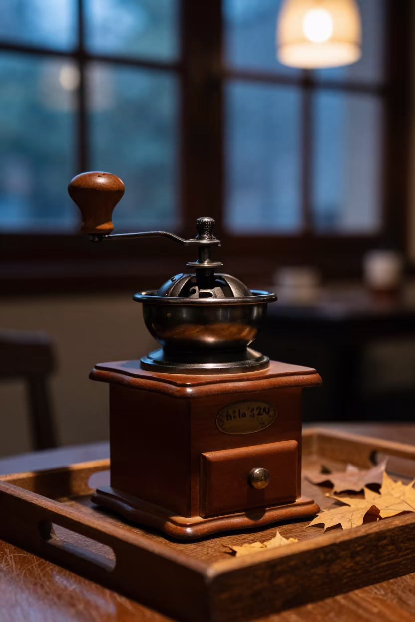 Vintage Coffee Grinder on Chengdu Tea Tray in on a tea house tray in Chengdu