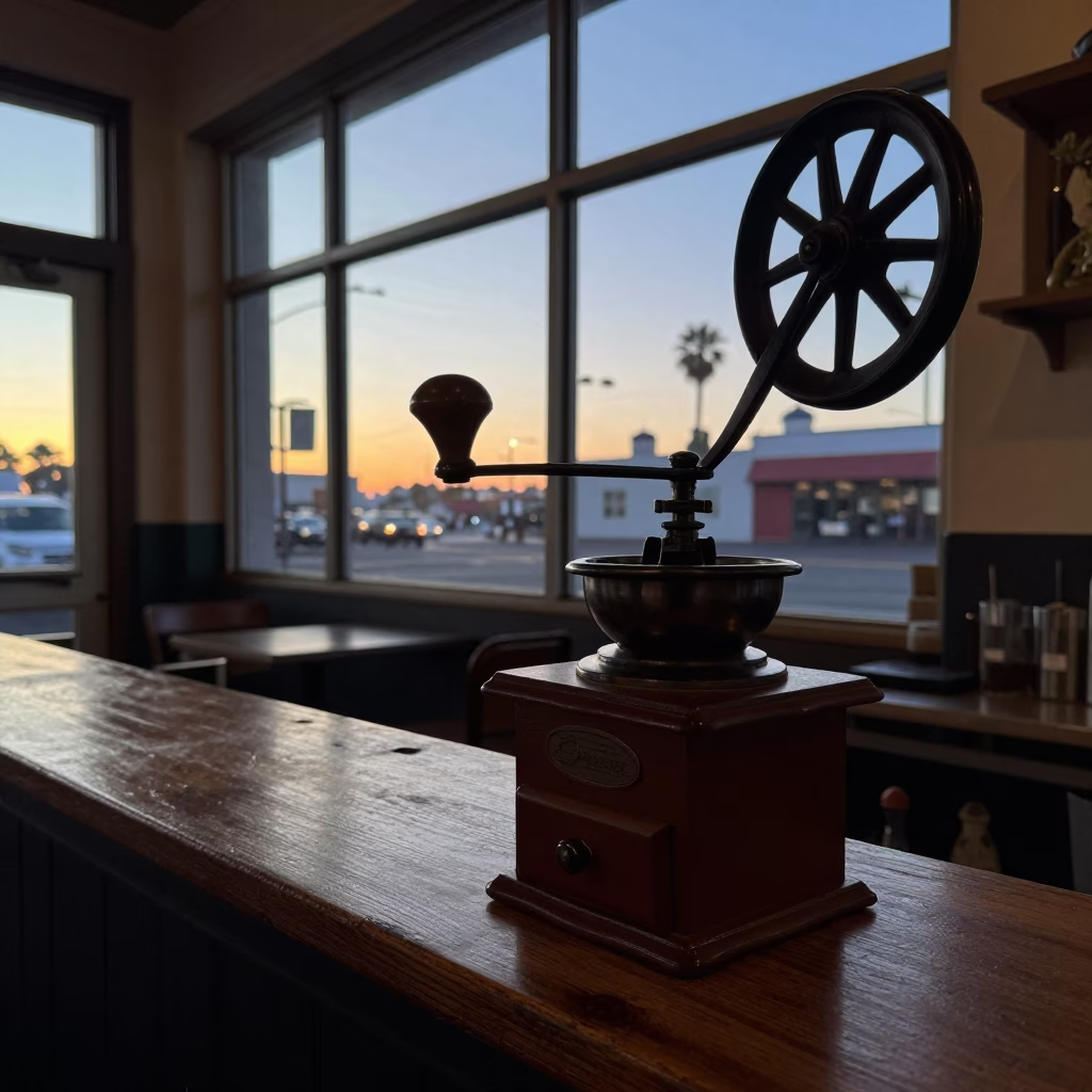 Vintage Coffee Shop Interior in Los Angeles California Before Sunrise with Hand-Crank Grinder in in Los Angeles, California, United States