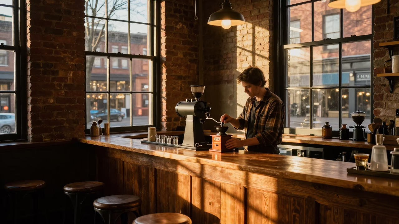 Vintage Coffee Shop Interior in Portland Oregon Honeyed Evening Light in in Portland, Oregon, United States