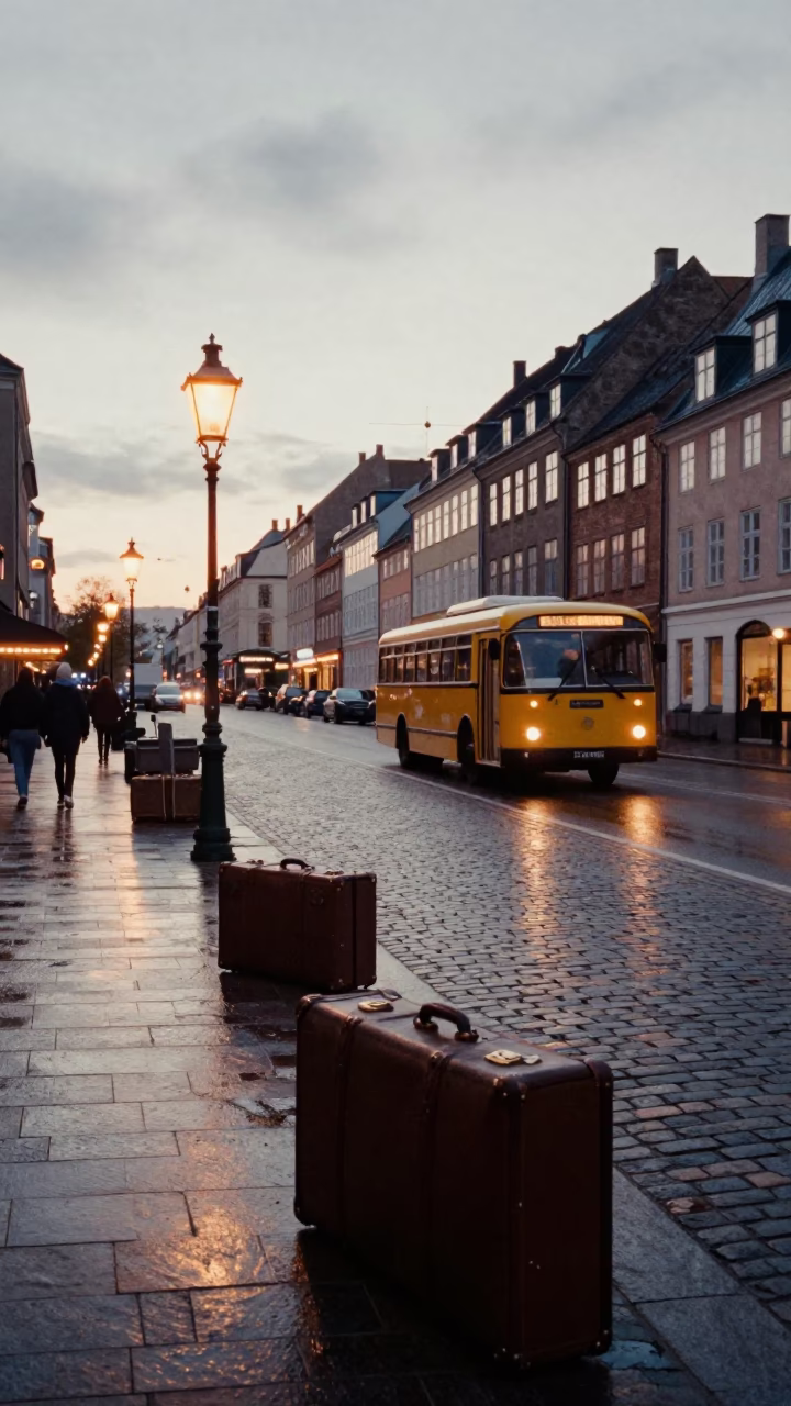 Vintage Copenhagen Street Scene at Dawn with Suitcases and Local Transit in in Copenhagen, Denmark