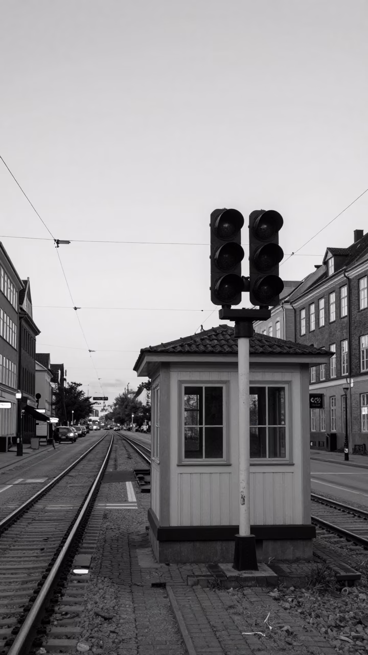 Vintage Copenhagen Street Scene Before Dawn with Railway Signal Cabin and Frosty Pine Forest in in Copenhagen, Denmark