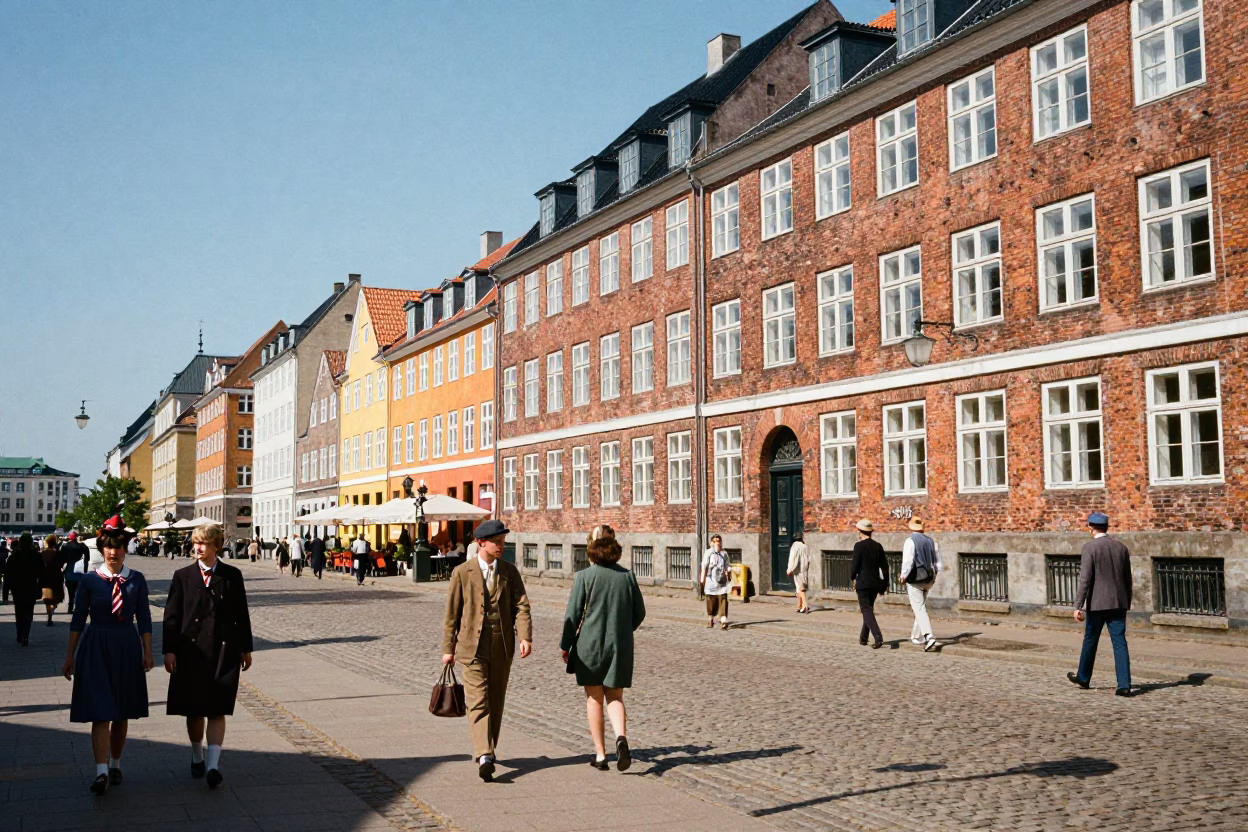 Vintage Copenhagen Street Scene Midday with Pedestrians and Traditional Architecture in in Copenhagen, Denmark