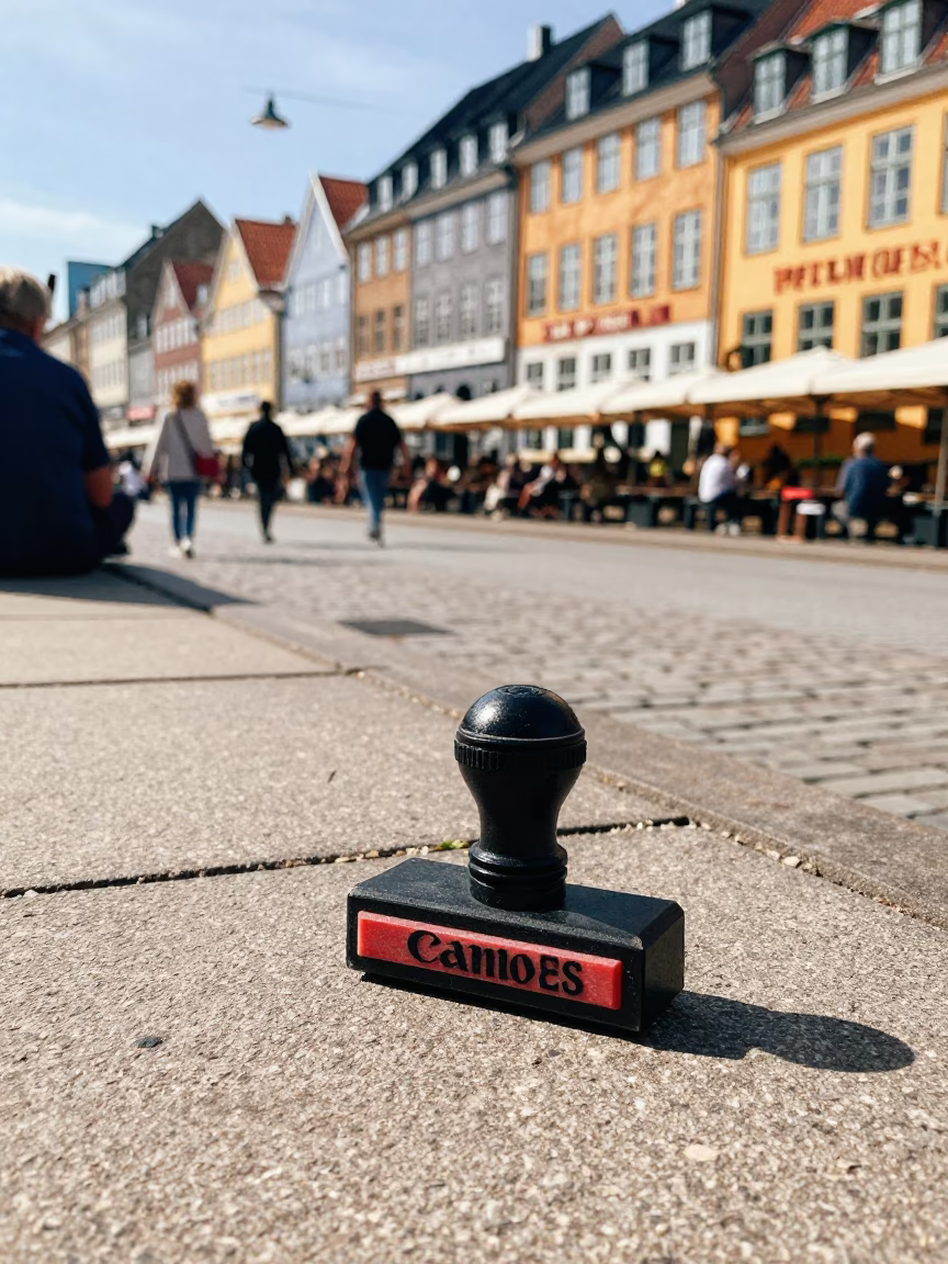 Vintage Copenhagen Street Scene Midday with Rubber Stamp Detail in in Copenhagen, Denmark
