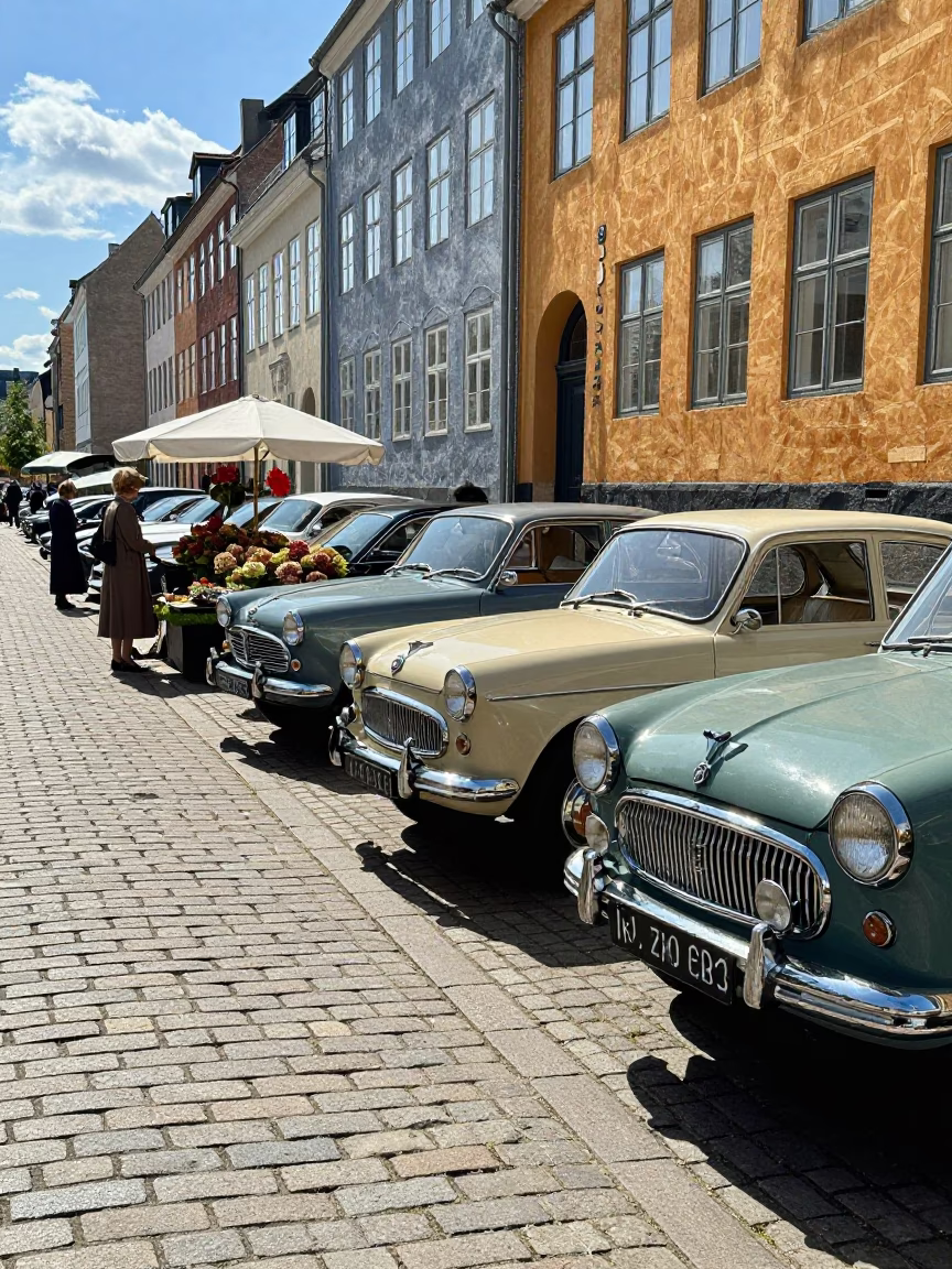 Vintage Copenhagen Street Scene with Classic Cars and Hydrangeas at Midday in in Copenhagen, Denmark