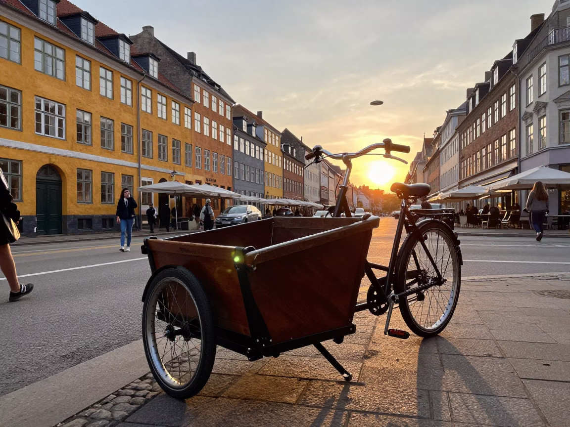 Vintage Copenhagen Sunset Street Scene with Cargo Bicycle and Tea Stained Rail in in Copenhagen, Denmark