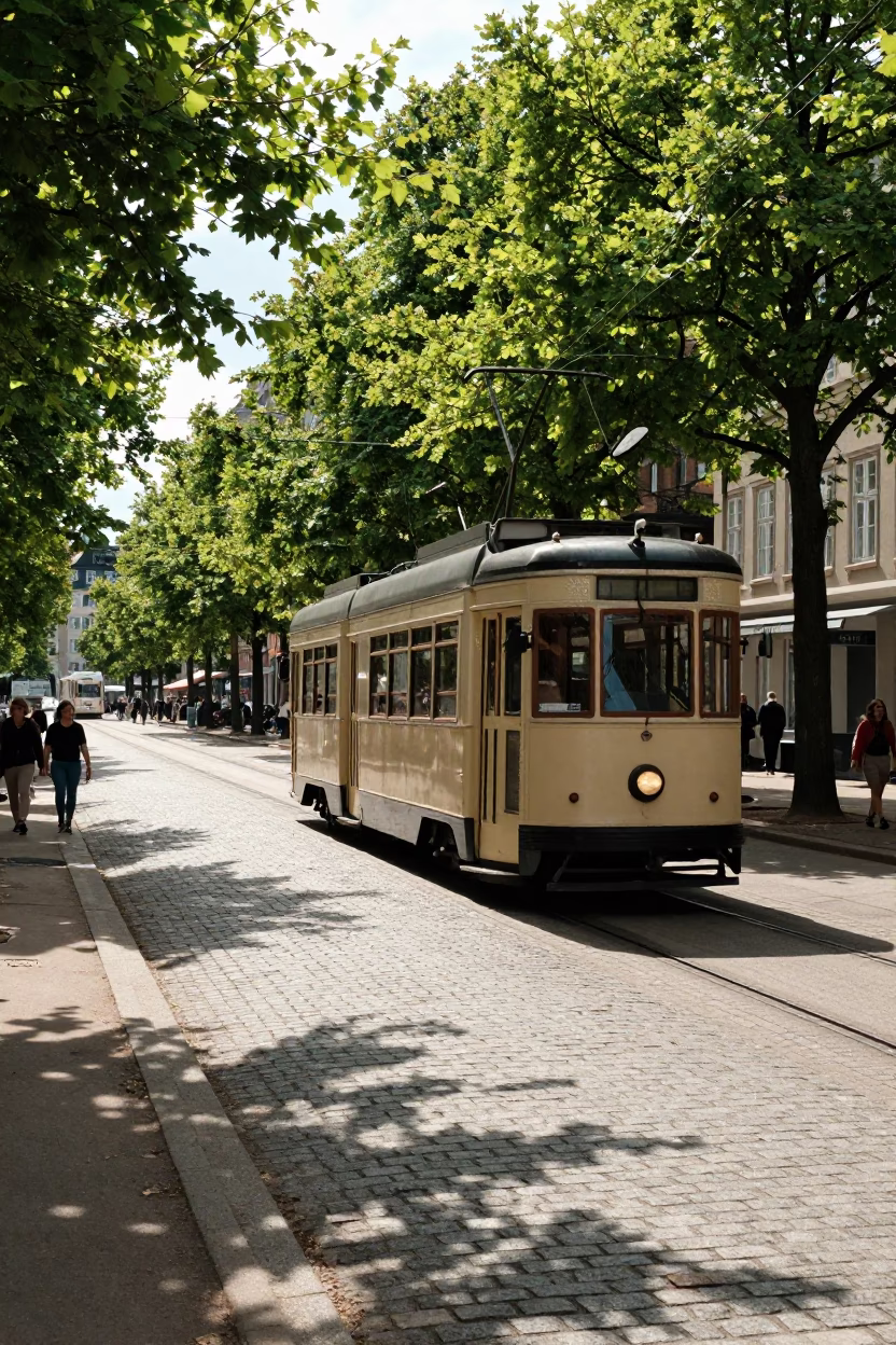 Vintage Copenhagen Tram Passing Tree Lined Avenue in Late Morning Light in in Copenhagen, Denmark