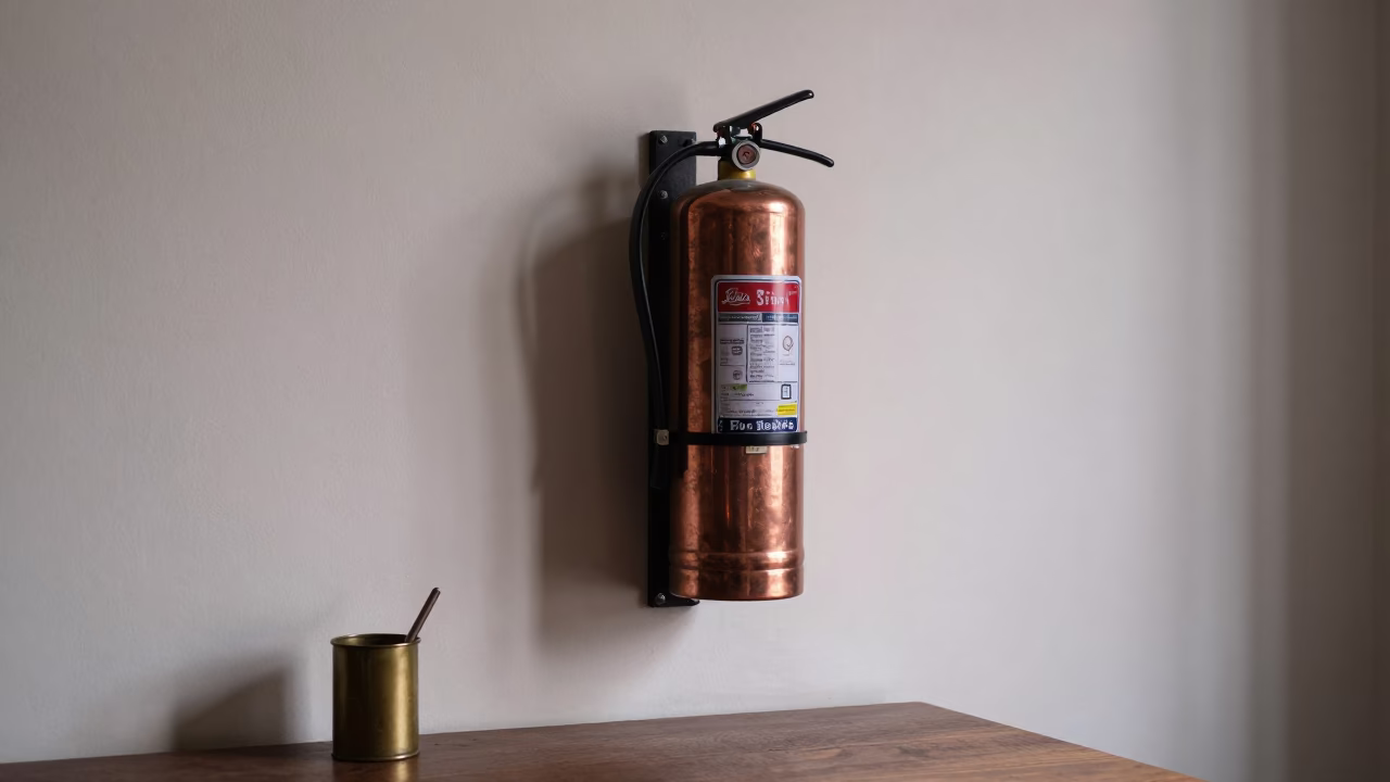 Vintage Copper Fire Extinguisher Montevideo Desk in on a writing desk in Montevideo