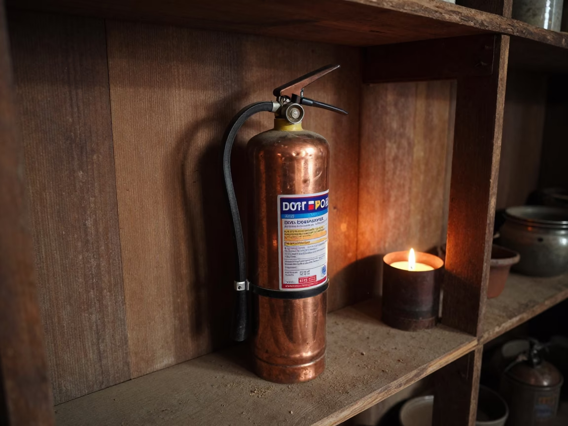 Vintage Copper Fire Extinguisher on Workshop Shelf in on a workshop shelf in Jaunpur