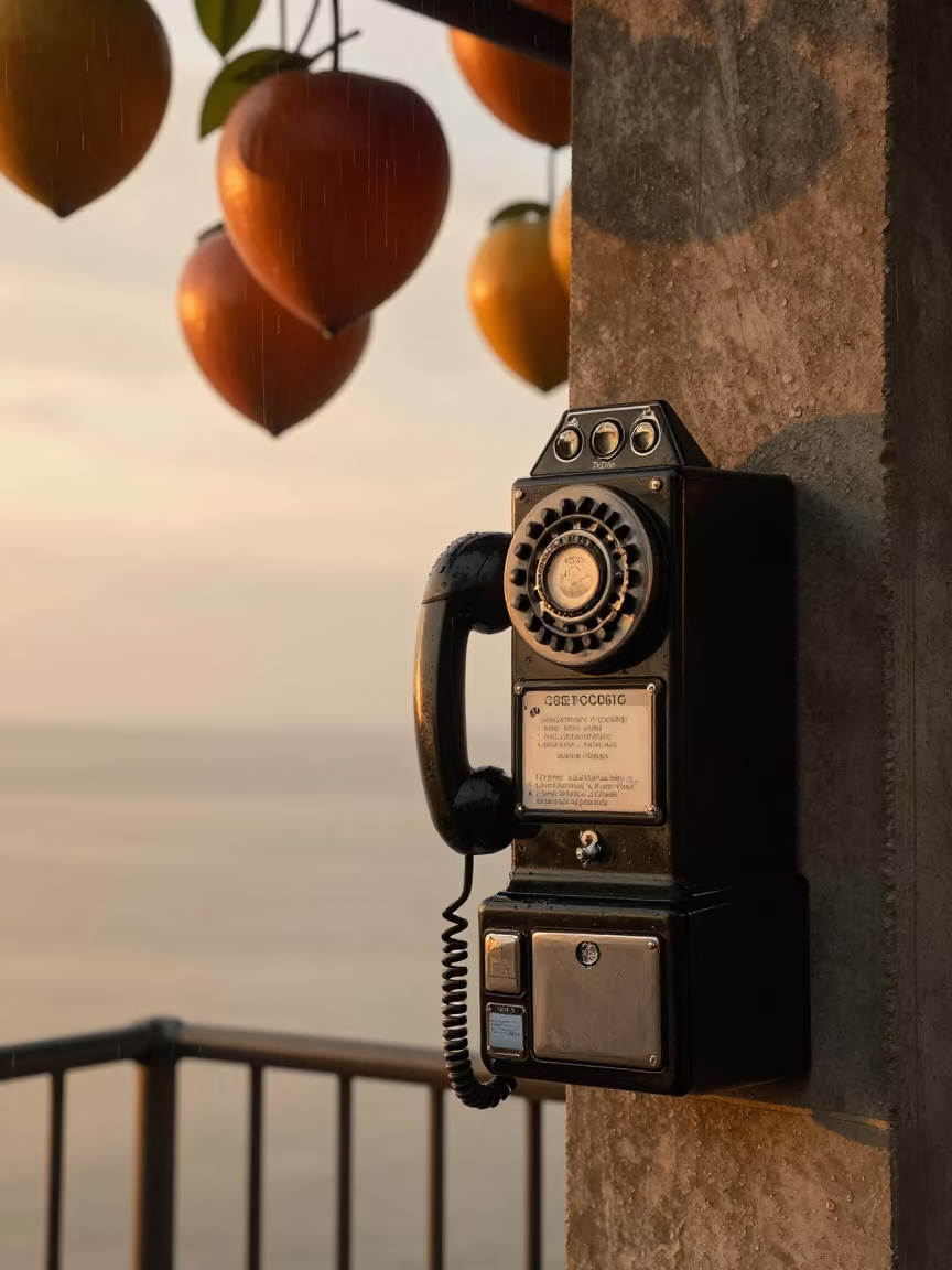 Vintage Crank Phone on Pier Amidst Giant Fruit in on a pier railing near Ibagué
