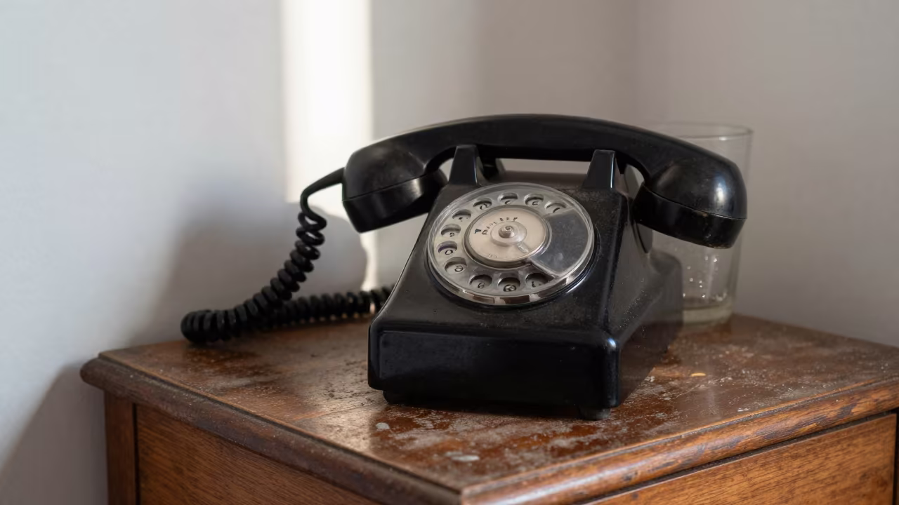 Vintage Crank Telephone on Dusty Library Table in on a dusty library table in Adana