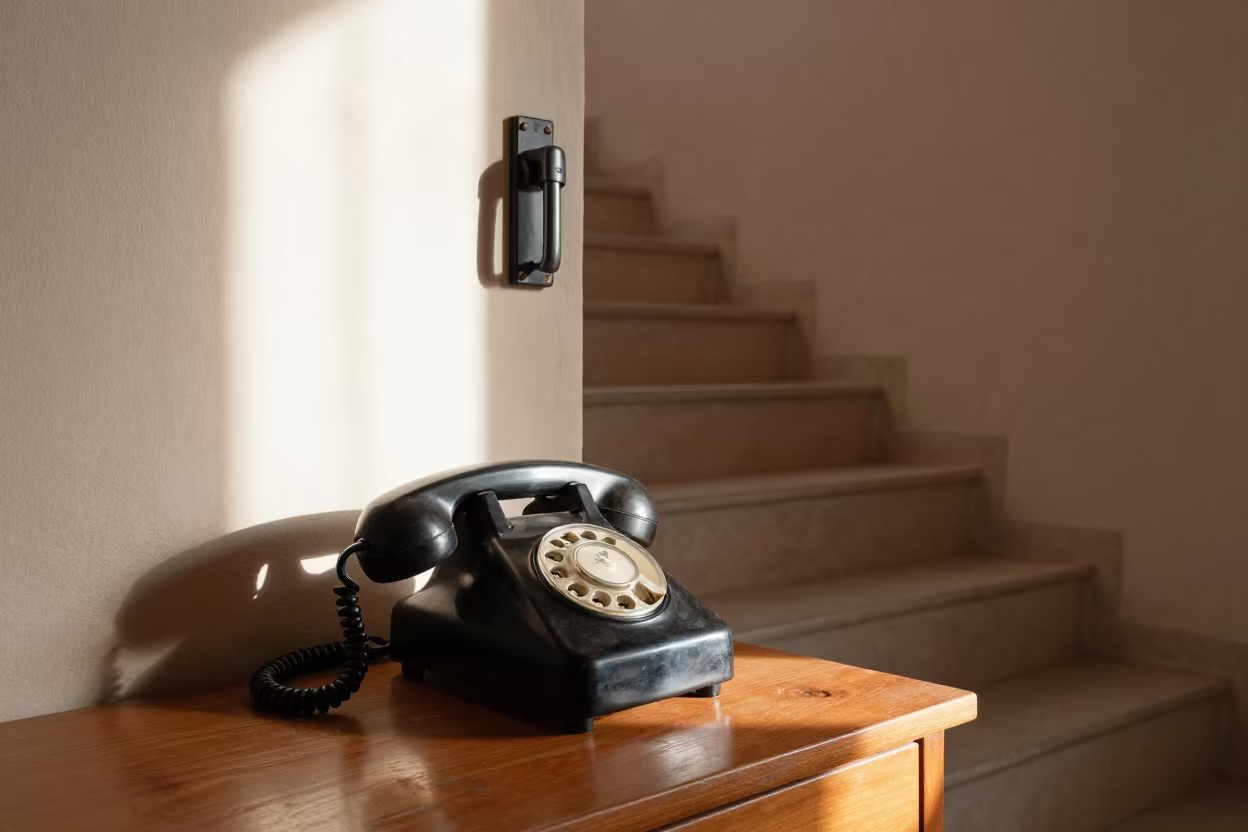 Vintage Crank Telephone in Muscat in on a writing desk in Muscat