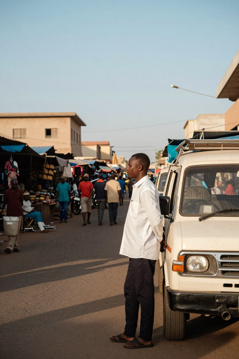 Vintage Dakar Senegal Late Afternoon Street Scene with Local Market Activity in in Dakar, Senegal