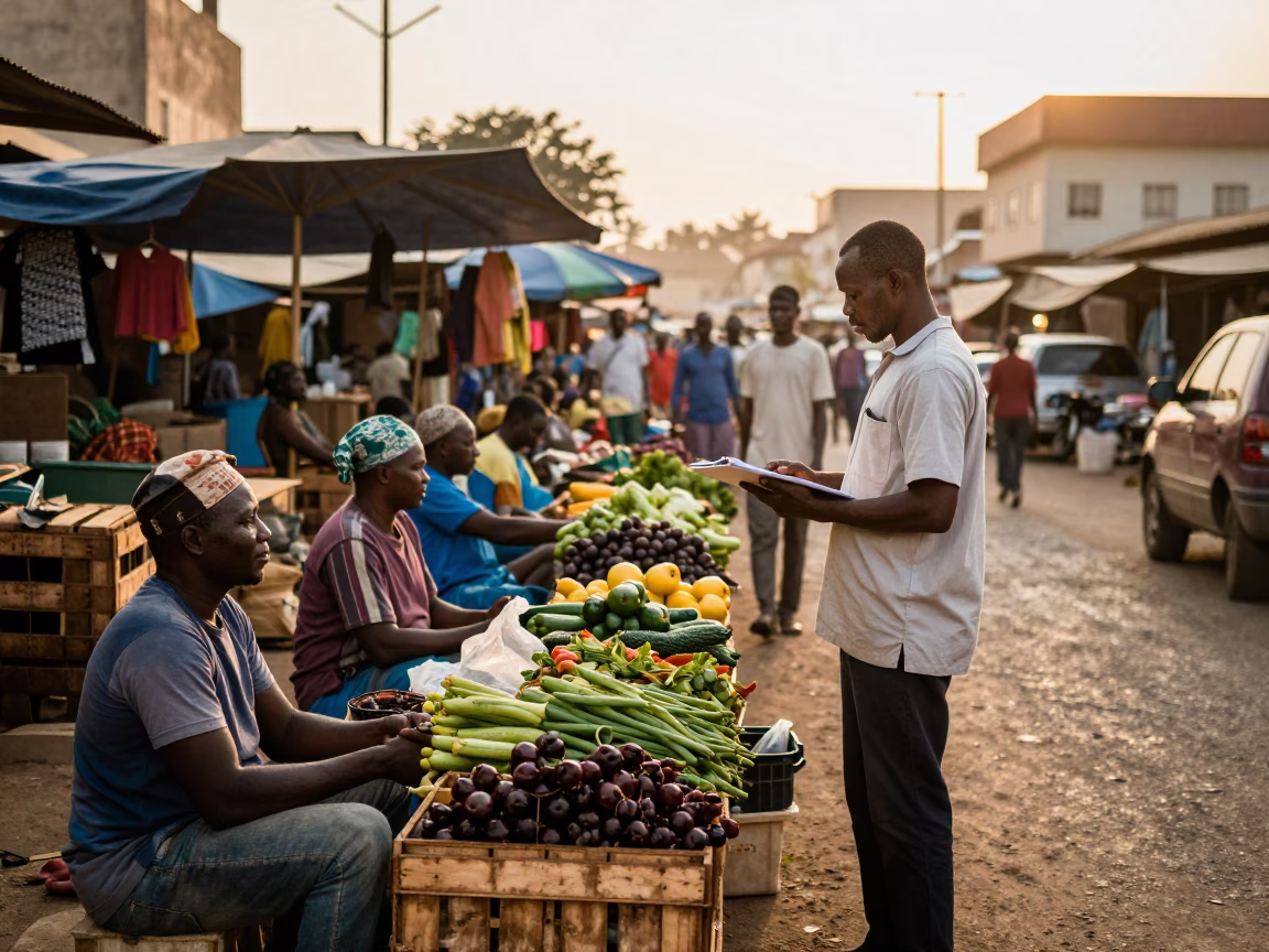 Vintage Dakar Senegal Street Scene First Light Market Activity and Local Commerce in in Dakar, Senegal
