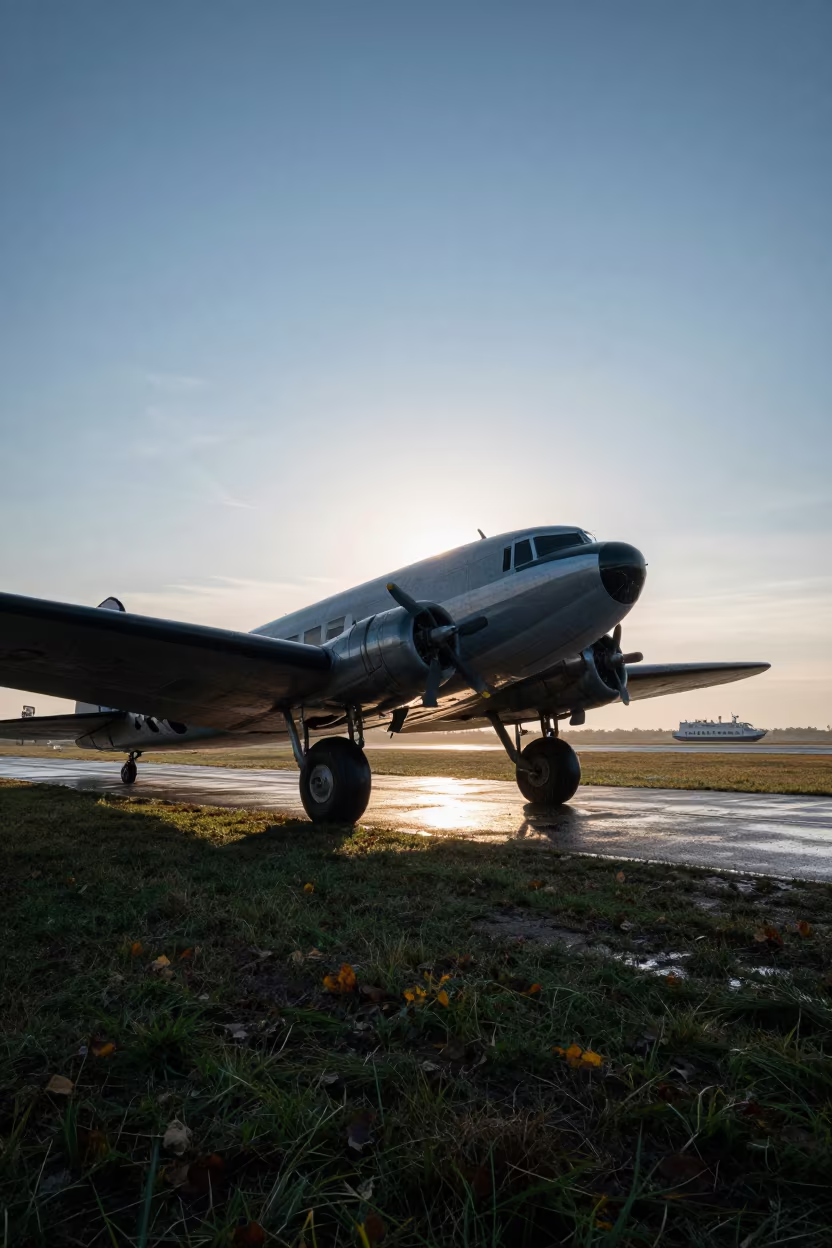 Vintage DC-3 on Grass Airstrip in Rain in across a remote ferry crossing near Bucharest