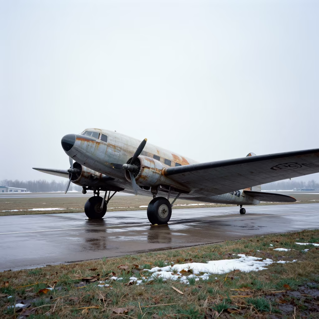 Vintage DC-3 on Russian Grass Strip in along a switchback approach in Russia