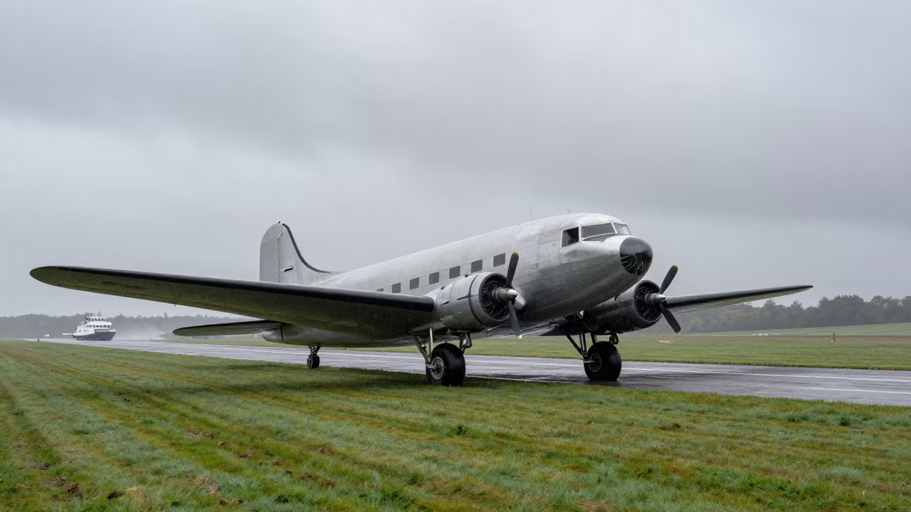 Vintage DC-3 on Welsh Ferry Airstrip at Dawn in across a remote ferry crossing in Wales