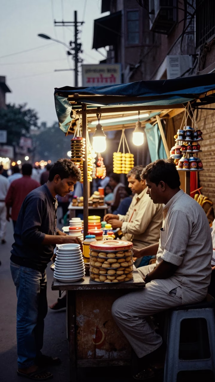 Vintage Delhi Street Scene at Dusk with Local Vendor and Traditional Items in in Delhi, India