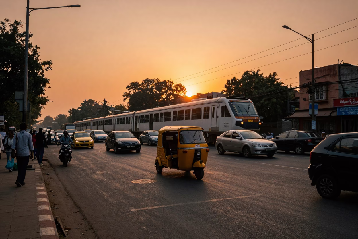Vintage Delhi Street Scene at Sunset with Monorail and Local Life in in Delhi, India