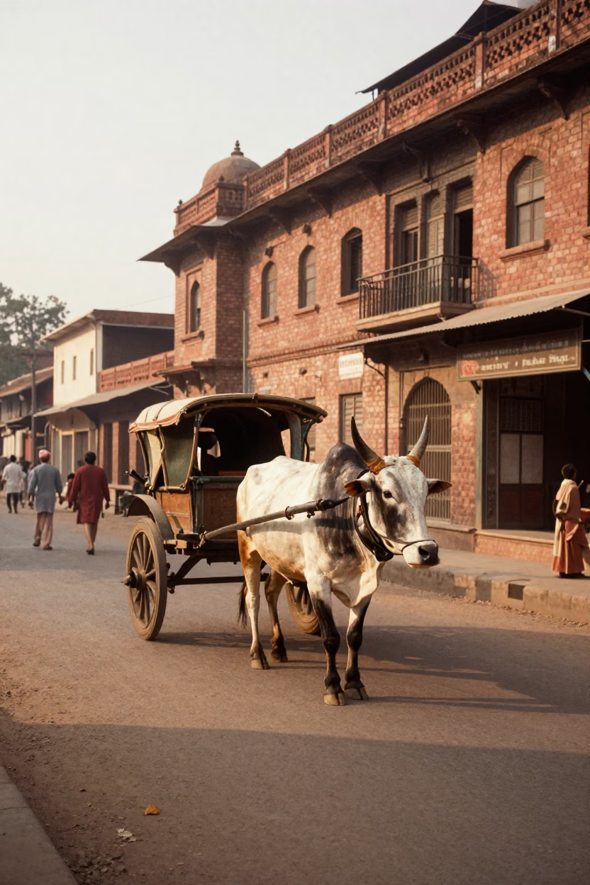 Vintage Delhi Street Scene Late Afternoon Ox Cart and Fountain Spray in in Delhi, India
