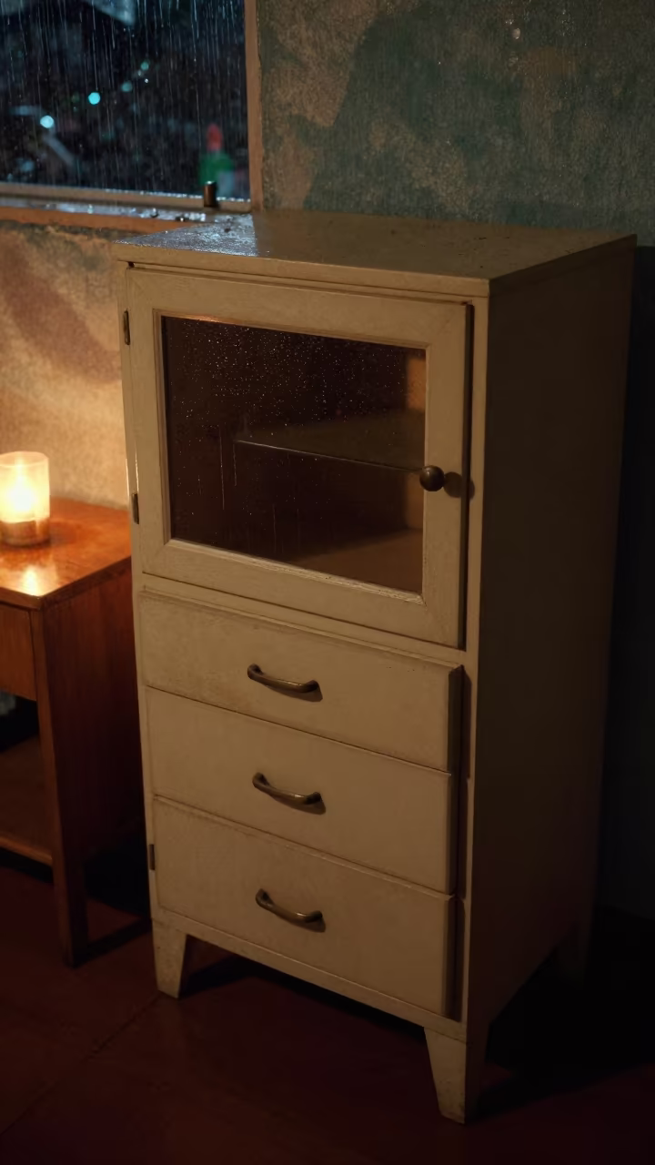 Vintage Dental Cabinet Night Firelight Douala in on a bedside table near Douala