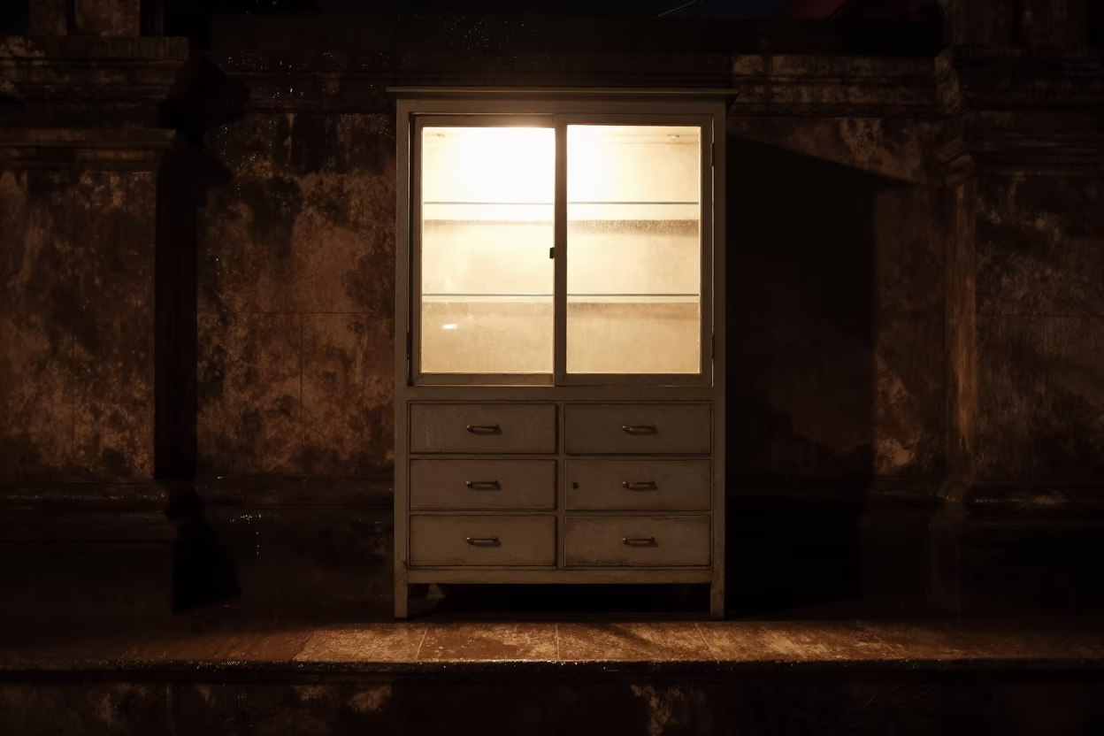 Vintage Dental Cabinet Night Monsoon Nagpur in on a stone ledge in Nagpur