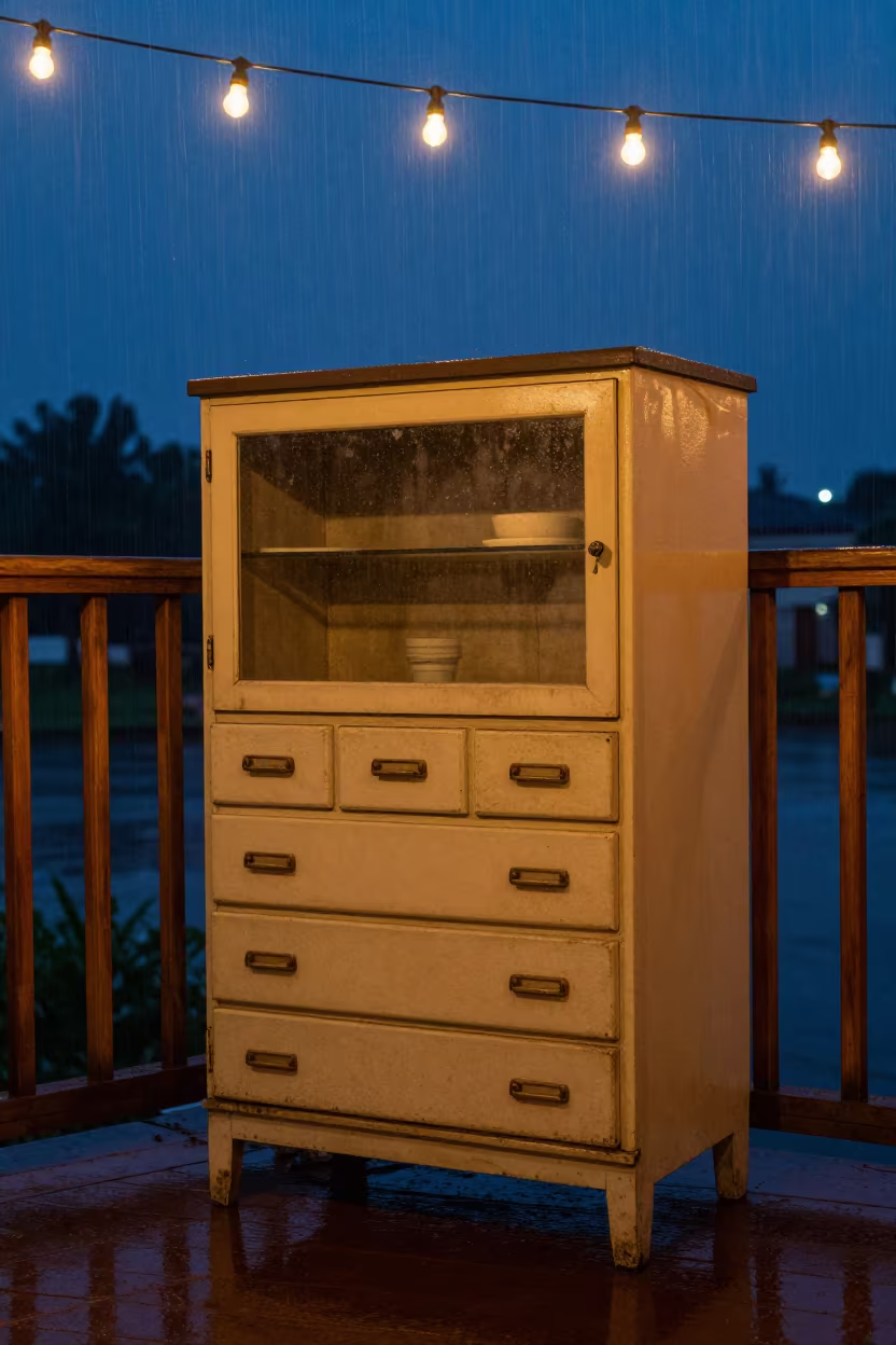 Vintage Dental Cabinet on Pier Railing at Twilight in on a pier railing in Wałbrzych