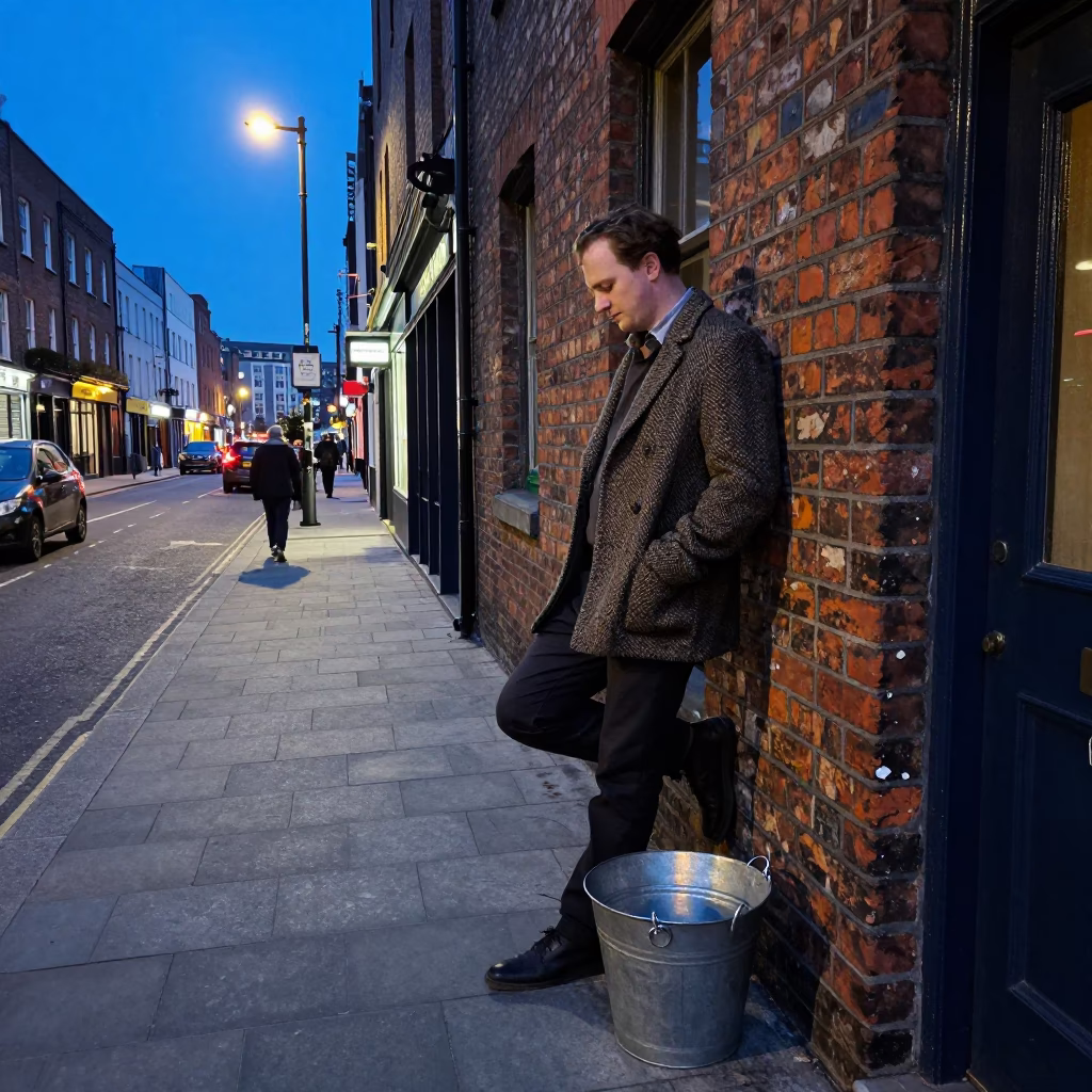 Vintage Dublin Evening Street Scene with Metal Bucket and Parasol in Blue Light in in Dublin, Ireland