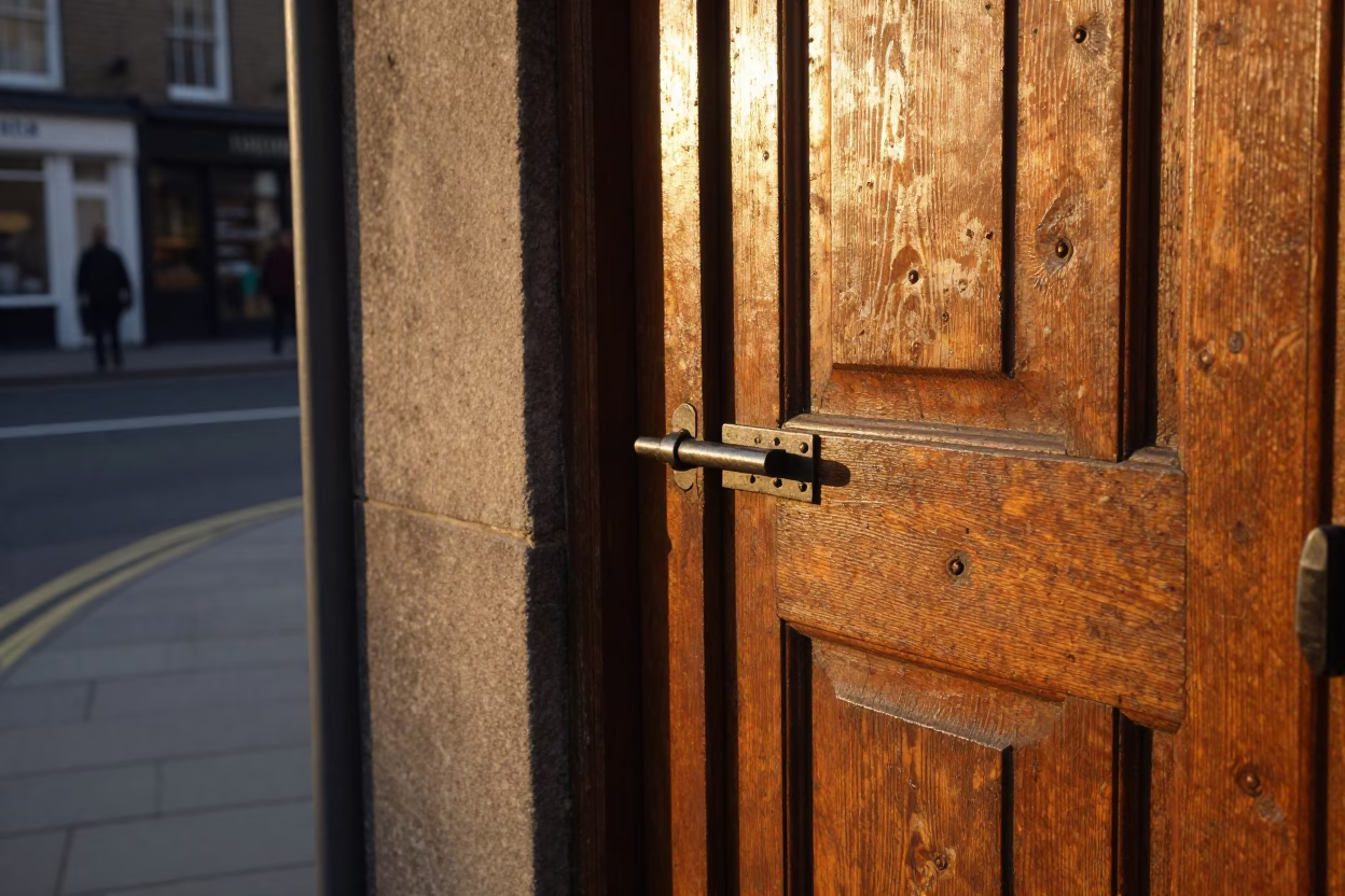 Vintage Dublin Street Scene Honeyed Evening Light Latch and Weathered Chair in in Dublin, Ireland