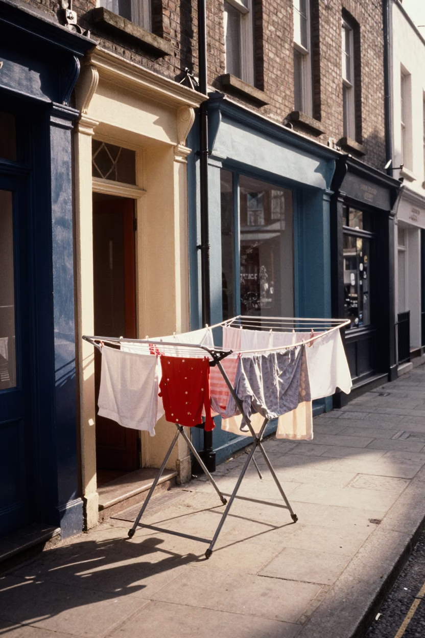 Vintage Dublin Street Scene Late Afternoon with Drying Rack and Terracotta Pot in in Dublin, Ireland