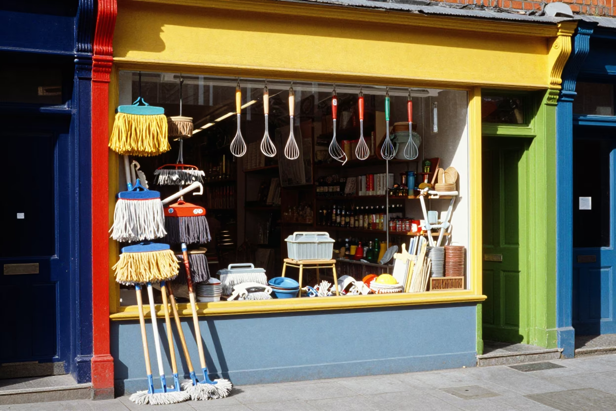 Vintage Dublin Street Scene Midday with Colorful Shop Display and Local Interaction in in Dublin, Ireland