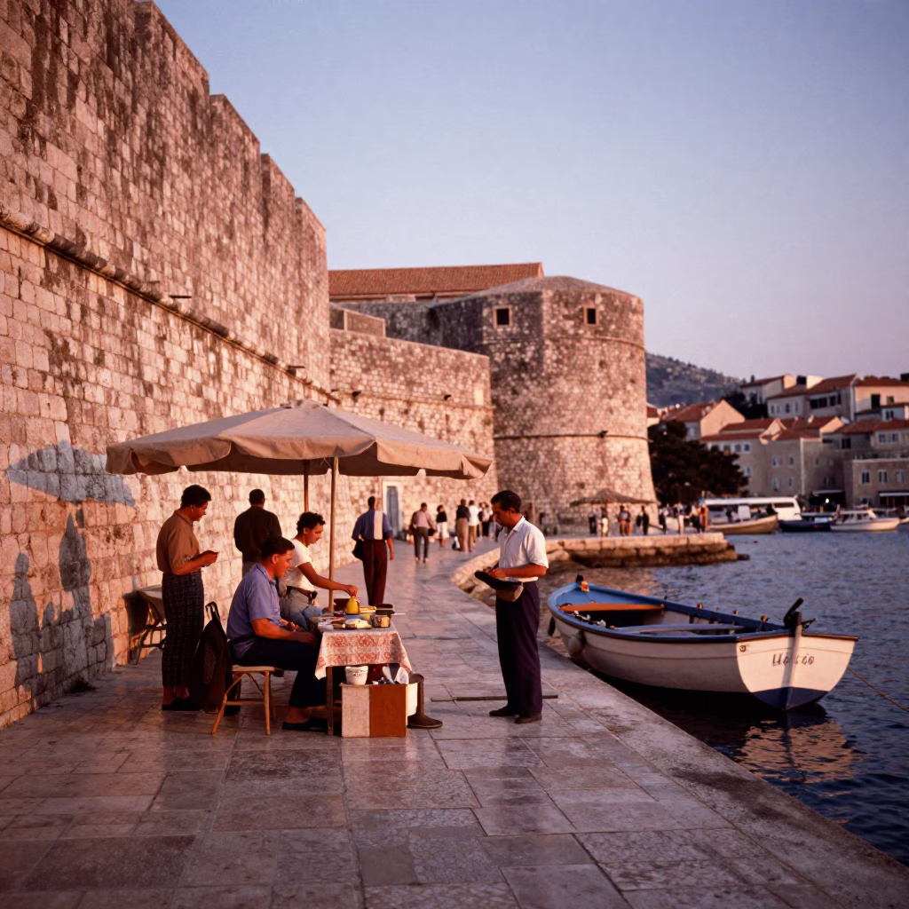 Vintage Dubrovnik Street Scene Before Dusk with Local Interaction and Rowing Boat in in Dubrovnik, Croatia