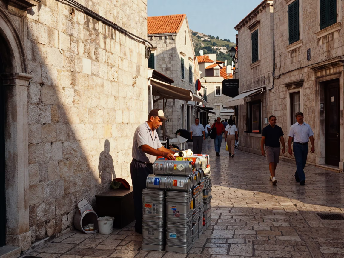 Vintage Dubrovnik street scene with tiffin tin and local interaction in late afternoon light in in Dubrovnik, Croatia
