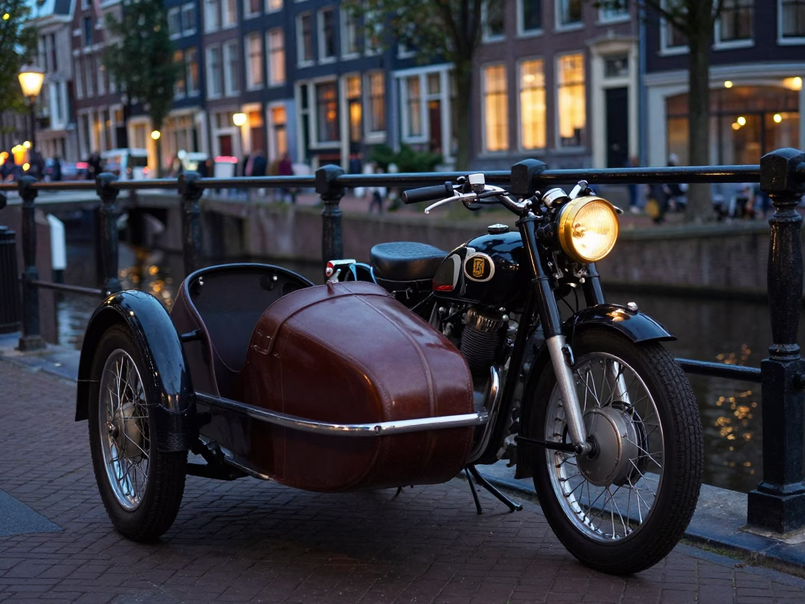 Vintage Dutch Motorcycle Sidecar Parked Near Canal Lock at Dusk in Amsterdam in in Amsterdam, Netherlands