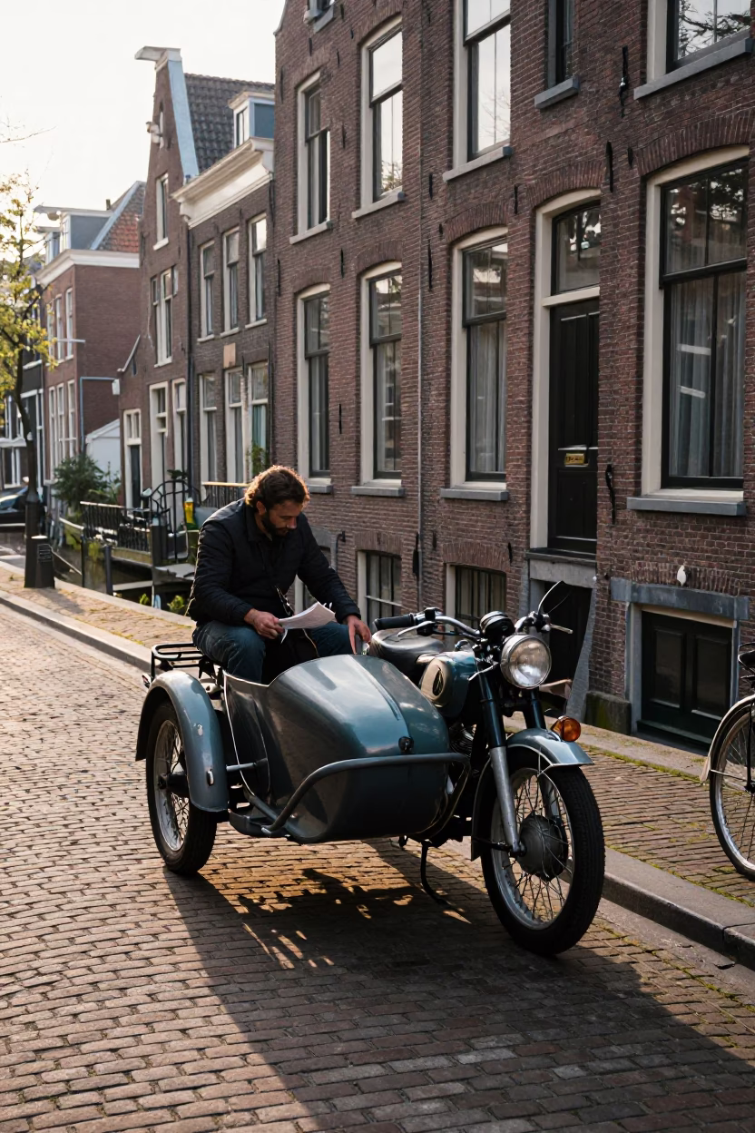 Vintage Dutch Street Scene with Motorcycle and Painter in Early Morning Amsterdam Light in in Amsterdam, Netherlands