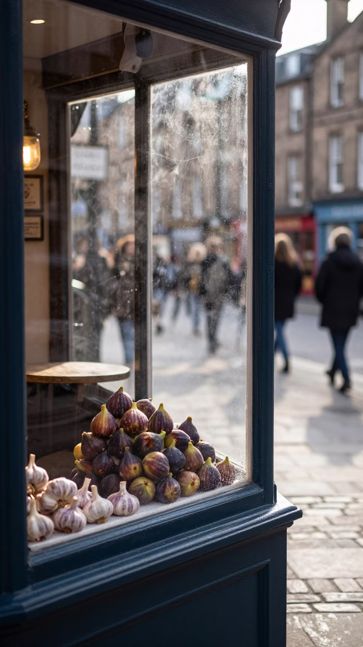 Vintage Edinburgh Cafe Window Display with Figs and Garlic Bulbs in Late Morning Light in in Edinburgh, United Kingdom