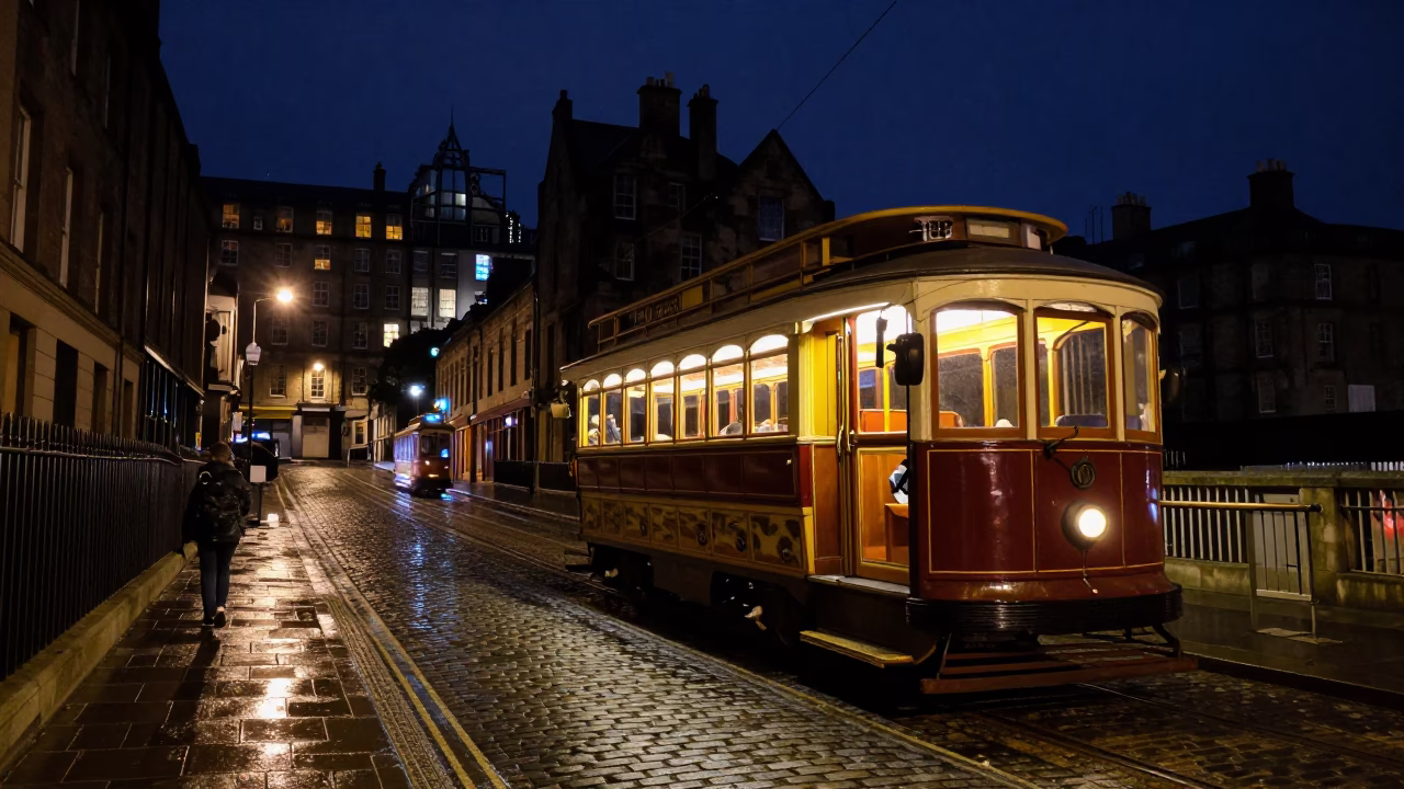 Vintage Edinburgh Night Scene with Heritage Tram on Cobblestone Street Under Deep Night Sky in in Edinburgh, United Kingdom