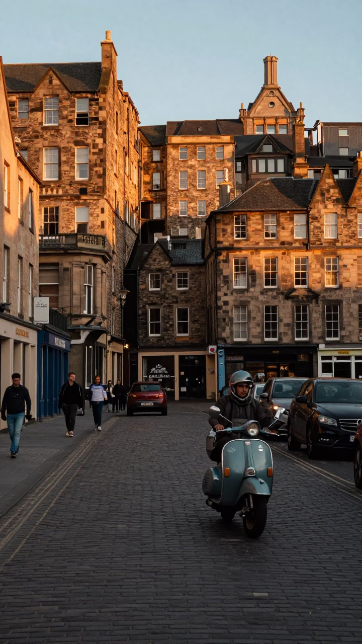 Vintage Edinburgh Street Scene at Golden Hour with Scooter and Historic Architecture in in Edinburgh, United Kingdom