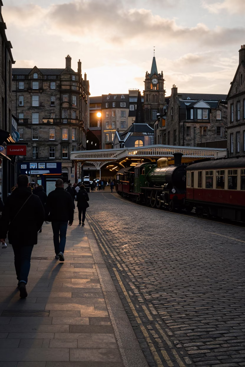 Vintage Edinburgh Street Scene at Sunset with Heritage Steam Train and Local Pedestrians in in Edinburgh, United Kingdom