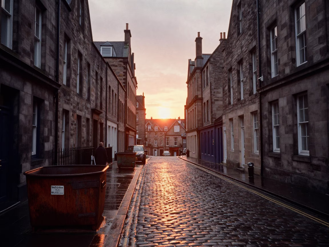 Vintage Edinburgh Street Scene at Sunset with Rusty Basin and Measuring Tape in in Edinburgh, United Kingdom