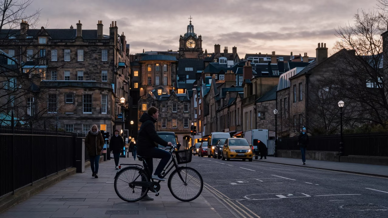Vintage Edinburgh Street Scene Before Dawn with Campus Bicycle Rack and Red Brick Architecture in in Edinburgh, United Kingdom