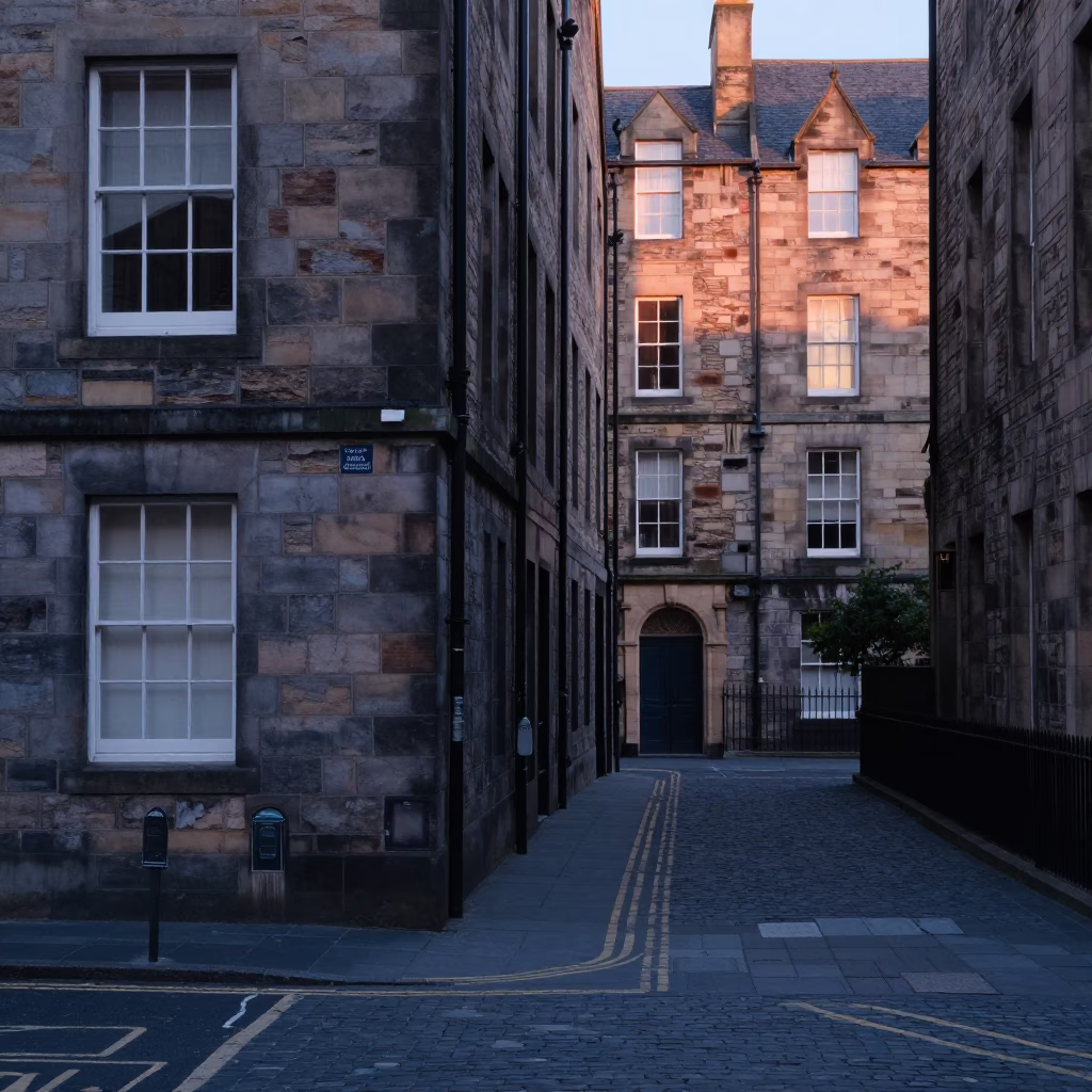 Vintage Edinburgh Street Scene Before Sunrise with School Corridor Mural and Muddy Footprints in in Edinburgh, United Kingdom