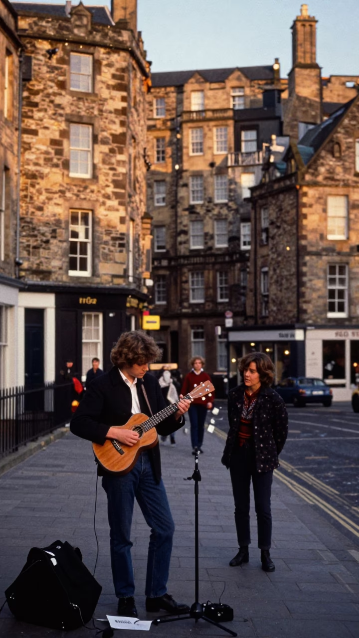 Vintage Edinburgh Street Scene with Ukulele Player and Curious Crowd in Honeyed Evening Light in in Edinburgh, United Kingdom