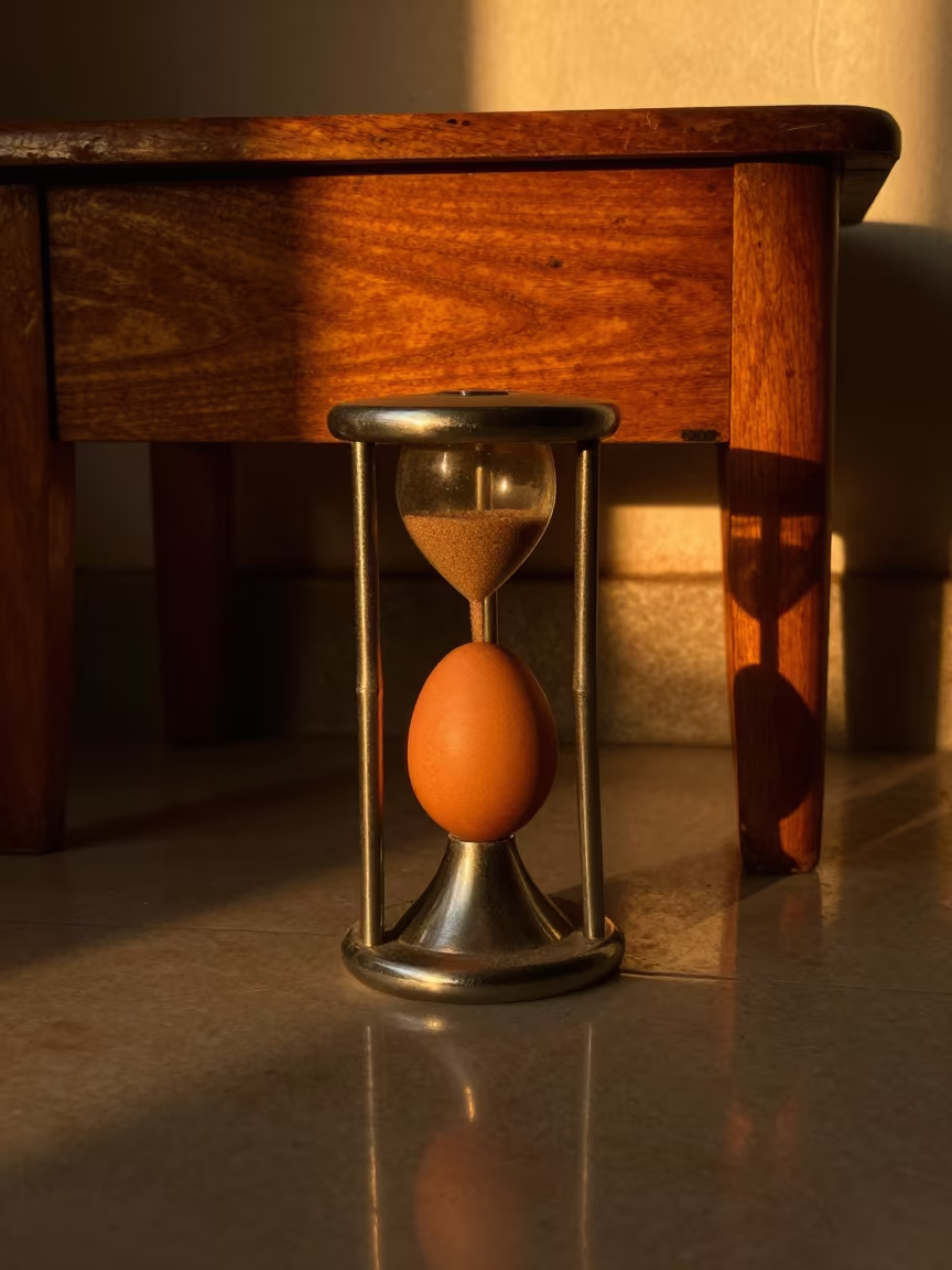 Vintage Egg Timer in Amber Sunset Light in on a bedside table near Beawar