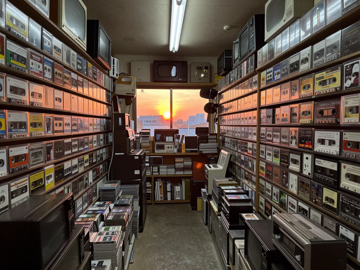 Vintage Electronics and Nostalgia in a Tokyo Retro Shop at Sunset in in Tokyo, Japan