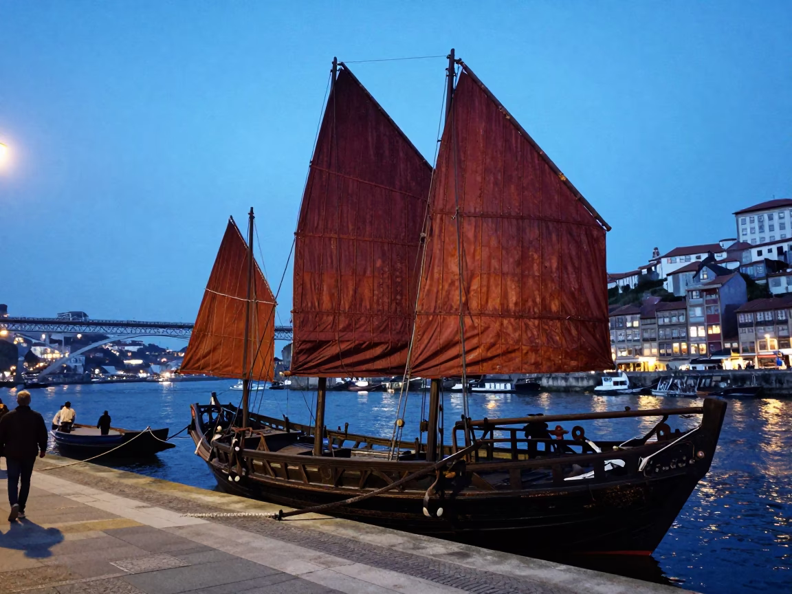 Vintage Evening in Porto Portugal with Junk Boat and Rust Sails in in Porto, Portugal
