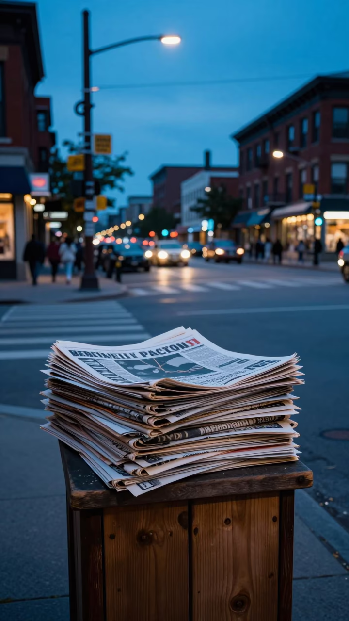 Vintage Evening Street Scene in Toronto Ontario Canada with Newspaper Stack and Tram in in Toronto, Ontario, Canada