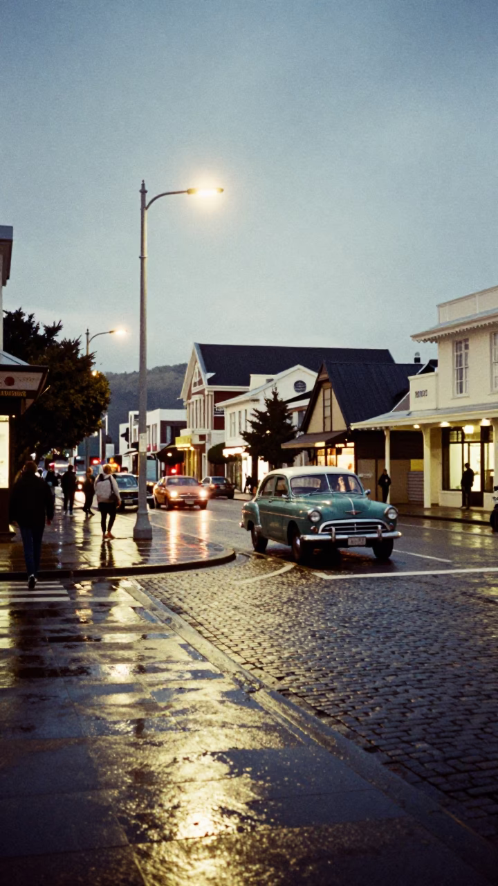 Vintage Evening Street Scene in Wellington New Zealand with Classic Cars and Pedestrians in in Wellington, New Zealand