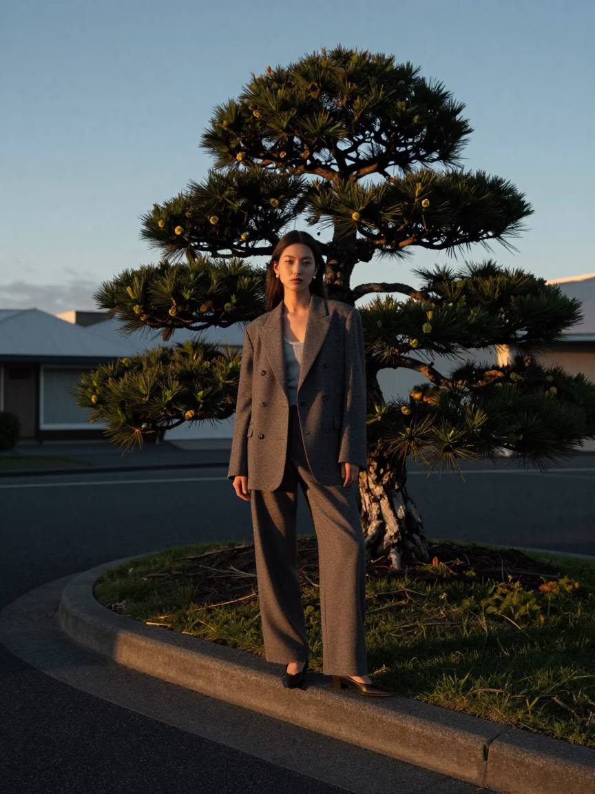 Vintage Fashion Model in Christchurch Before Dawn with Bonsai Pine and Enamel Bowls in in Christchurch, New Zealand