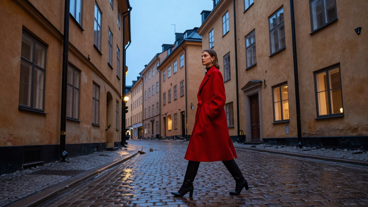 Vintage Fashion Model in Red Coat Walking Past Gamla Stan Cobblestones at Stockholm Twilight in in Stockholm, Sweden